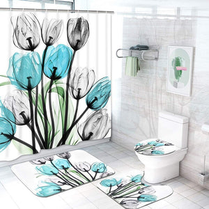 Colorful Tulip Lotus Flowers Trees Shower Curtain Sets Non-Slip Rugs Toilet Lid Cover and Bath Mat Waterproof Bathroom Curtains