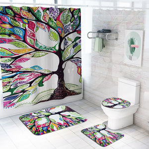 Colorful Tulip Lotus Flowers Trees Shower Curtain Sets Non-Slip Rugs Toilet Lid Cover and Bath Mat Waterproof Bathroom Curtains